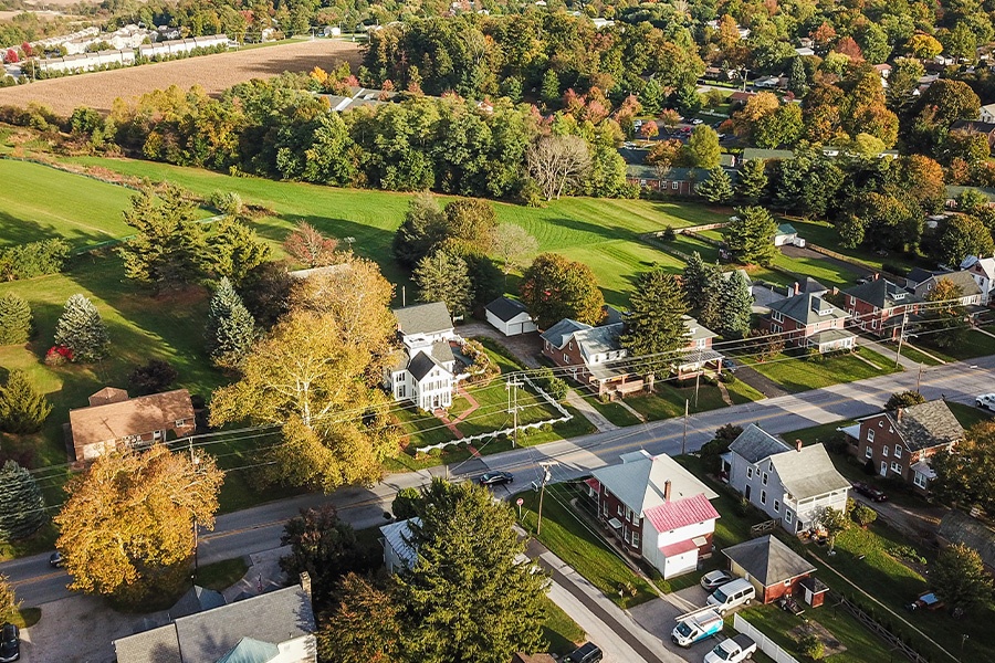 Contact - Main Street Aerial View of Small Pennsylvania Town in Cambria County During the Fall